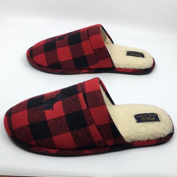 Polo Ralph Lauren Big Pony Red and Black Buffalo Plaid faux Sherpa Slippers L - Picture 11 of 16